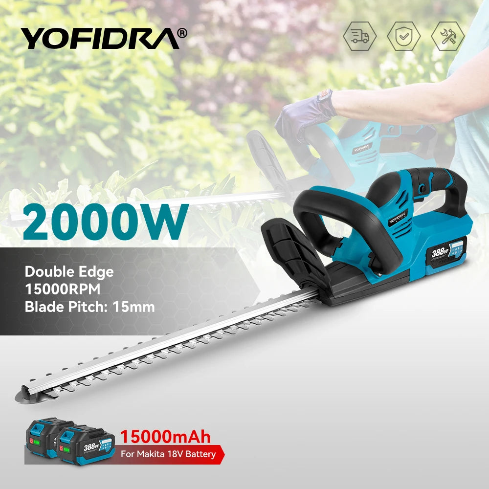 Aparador de Sebes Elétrico Yofidra 2000W - Sem Fio, 22 Polegadas, Compatível com Makita | Verde Jardim