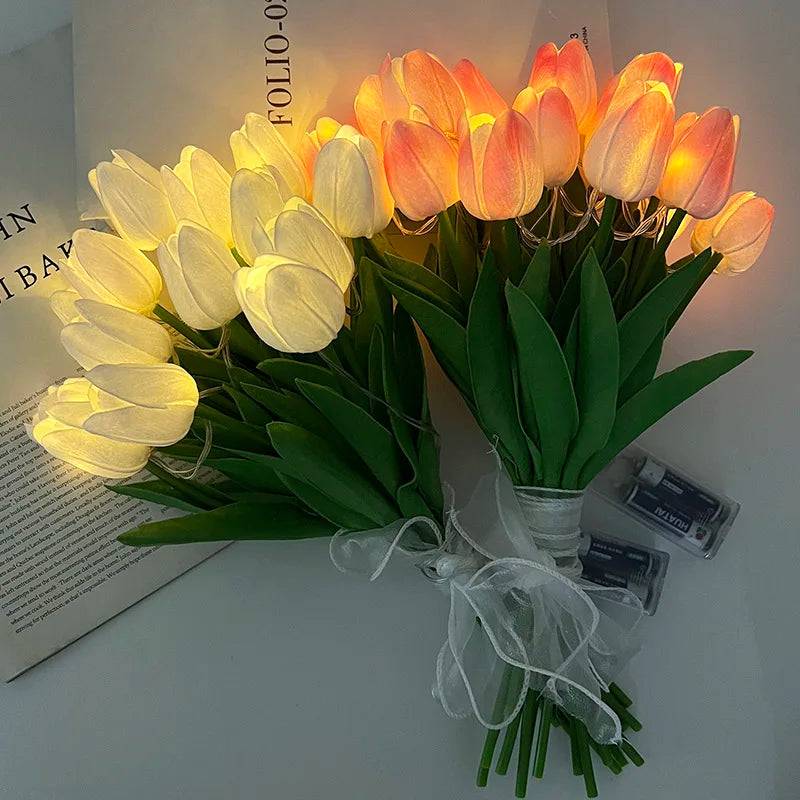 Buquê de flores artificiais de tulipas LED, tulipa PU, buquê de flores falsas,