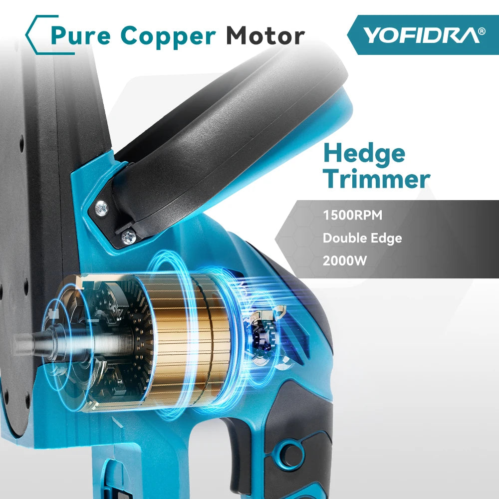 Aparador de Sebes Elétrico Yofidra 2000W - Sem Fio, 22 Polegadas, Compatível com Makita | Verde Jardim