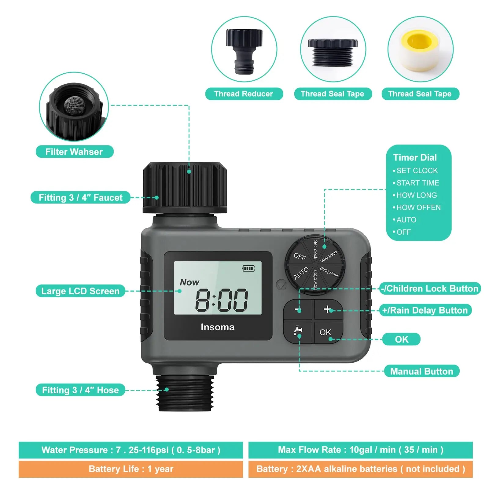 Verde Jardim - Temporizador de Irrigação Automático, Inteligente e à Prova d'Água com Display LCD, 3 Modos, Programação Fácil