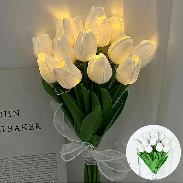 Buquê de flores artificiais de tulipas LED, tulipa PU, buquê de flores falsas, Verde Jardim 