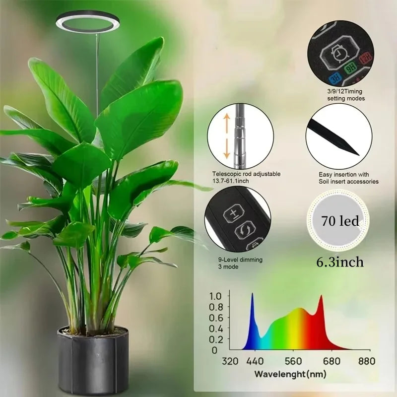 Luz de Crescimento LED Ajustável 165cm - Full Spectrum para Plantas Internas - Verde Jardim