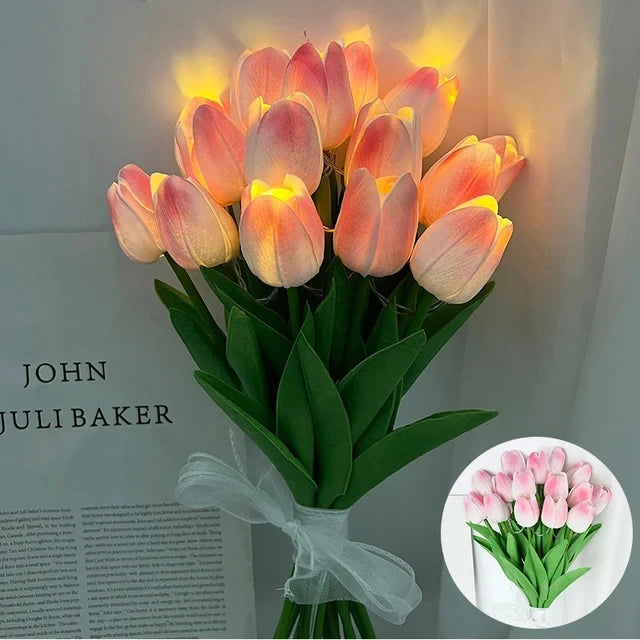 Buquê de flores artificiais de tulipas LED, tulipa PU, buquê de flores falsas, Verde Jardim 