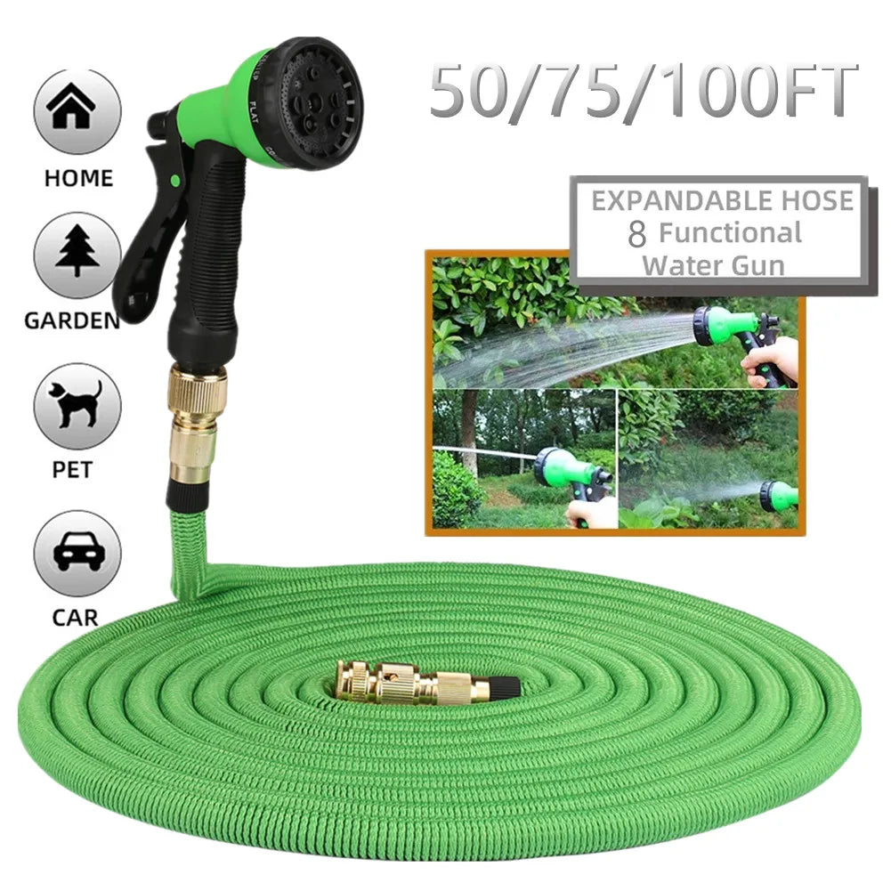 Mangueira de Jardim Expansível 100FT com Bico Ajustável e Conector de Metal - Verde Jardim